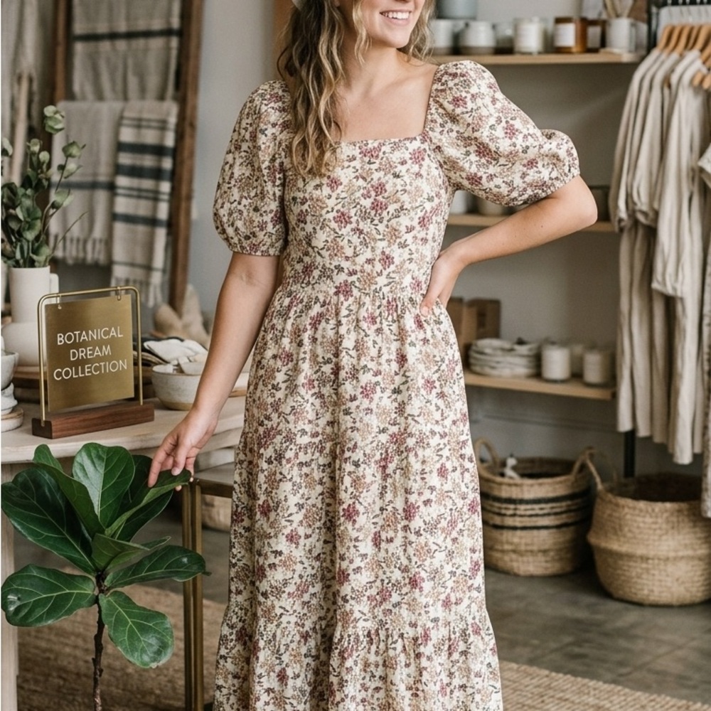Mikarose Cream Floral Square-Neck Maxi Dress with Puff Sleeves